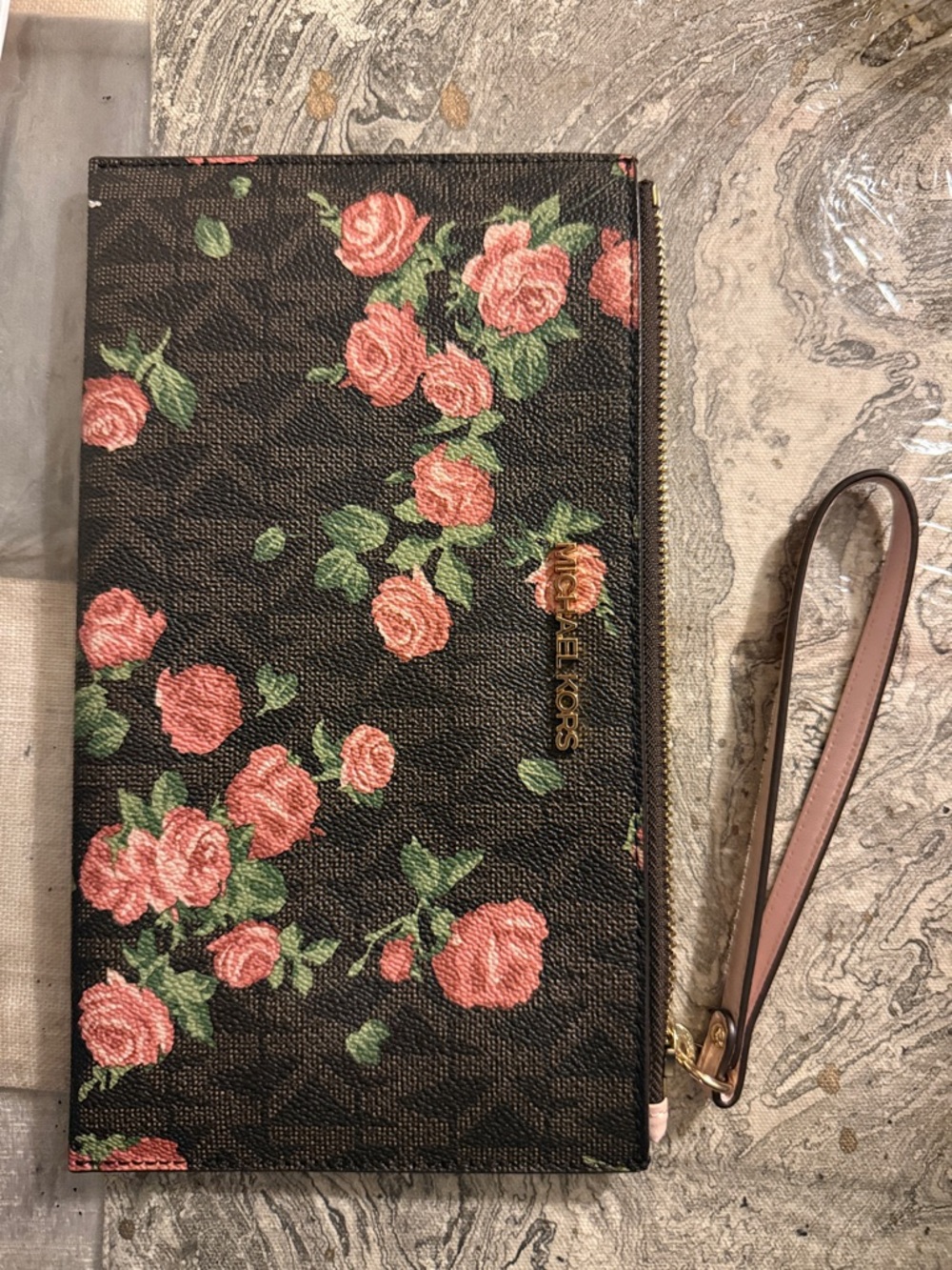 Michael Kors Brown Floral Zip Wristlet Clutch with Pink Roses